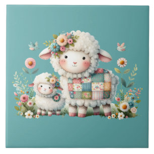 Süße Lämmer mit floralen und Patchwork-Akzente Fliese