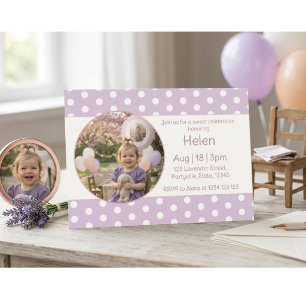Süße Lavendel-Lila-Punkte-Foto-Geburtstagsfeier Einladung