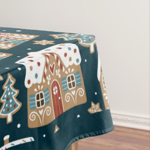Süße Lebkuchenhäuser & Kekse Blaues Weihnachten Tischdecke