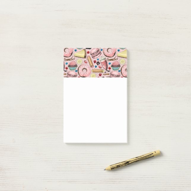 Süße Leckereien in Rosa Post-it Klebezettel (Auf Schreibtisch)