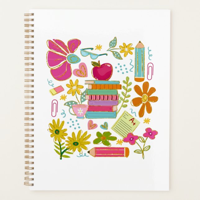 Süße Lehrer-Doodle-Kunst – Bücher, Blumen & Schule Planer (Vorderseite)