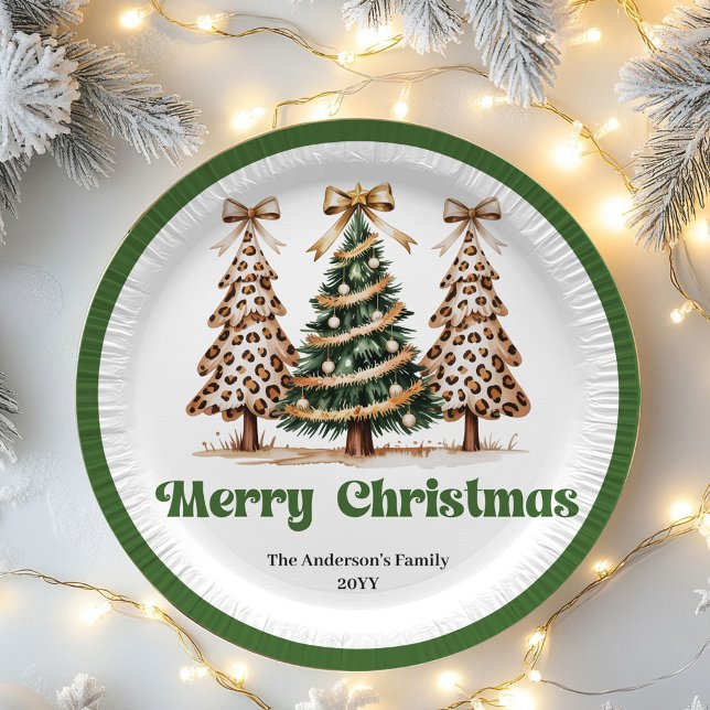 Süße Leopard-Christbaum-Editierbare-Papier-Teller Pappteller (Cute Leopard Christmas Tree Editable Paper Plates)