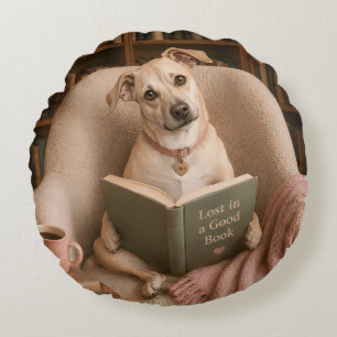 Süße Lesende-Hund-Wasserfarben-Bibliotheks-Illustr Rundes Kissen