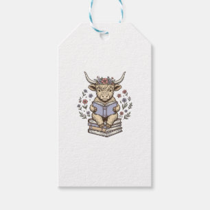 Süße lesende Kuh Blumenbuchstapel Vintage-Design_ Geschenkanhänger