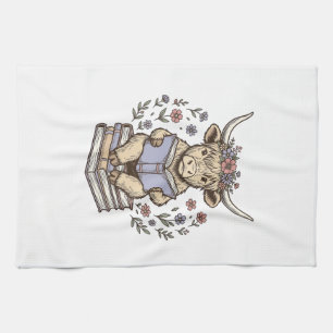 Süße lesende Kuh Blumenbuchstapel Vintage-Design_ Geschirrtuch