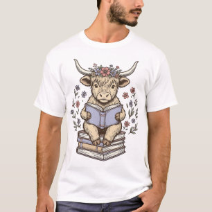 Süße lesende Kuh Blumenbuchstapel Vintage-Design_ T-Shirt