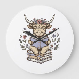 Süße lesende Kuh Florales Buch Stapeln Vintage Des Große Wanduhr