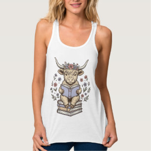 Süße lesende Kuh Florales Buch Stapeln Vintage Des Tank Top