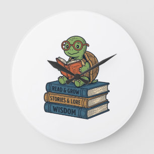 Süße lesende Schildkröte auf Büchern Vintage Vekto Große Wanduhr
