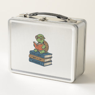 Süße lesende Schildkröte auf Büchern Vintage Vekto Metall Brotdose
