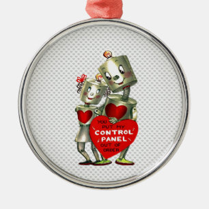 Süße liebenswerte Vintage-Roboter-Paar rote Herzen Silbernes Ornament