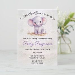 Süße Lila-Elefanten-Mädchen-Baby-Party Einladung