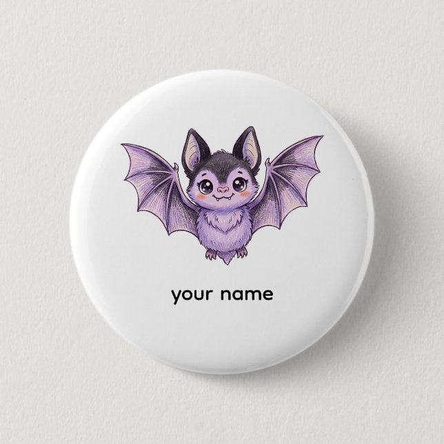 Süße lila Fledermaus Halloween Buntstift-Illustrat Button (Vorderseite)