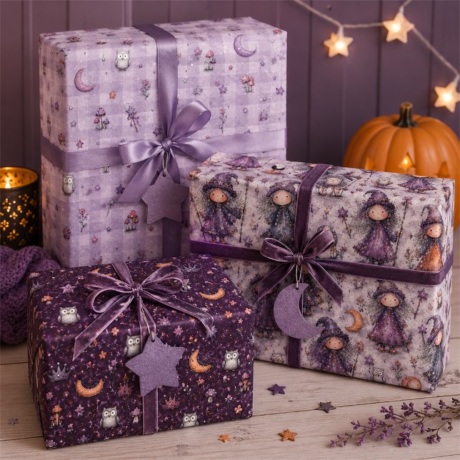 Süße lila Hexe & Eule Halloween-Geschenk Geschenkpapier Set (Von Creator hochgeladen)