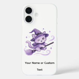 Süße lila Hexenkatze auf Besenstiel Halloween iPhone 16 Hülle