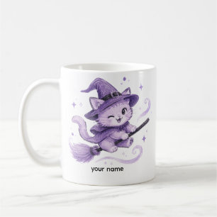 Süße lila Hexenkatze auf Besenstiel Halloween Kaffeetasse