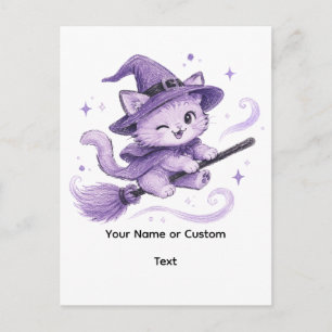 Süße lila Hexenkatze auf Besenstiel Halloween Postkarte