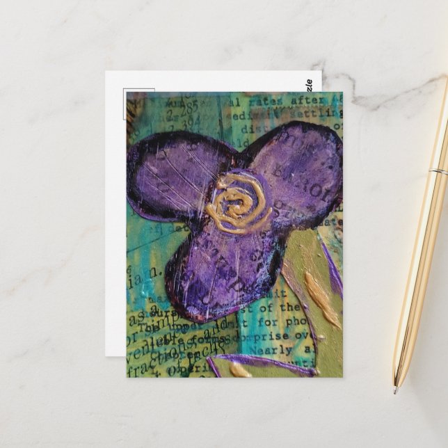 Süße lila Mixed-Media-Blume Postkarte (Vorderseite/Rückseite Beispiel)