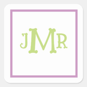 Süße lila und grüne Monogramm-Initialen im Quadrat Quadratischer Aufkleber