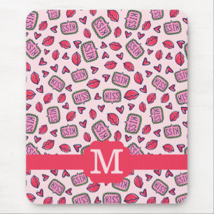 Süße Lippen Küsse & Herz-Kritzeleien Muster-Monogr Mousepad