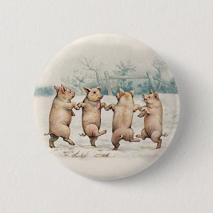 Süße, lustige tanzende Schweine - Vintage Anthropo Button