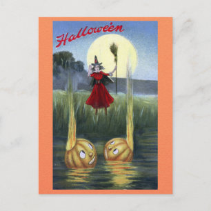 Süße lustige Vintage-Halloween-Hexe-Kürbis Postkarte