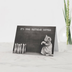 Süße lustige Vintage-Katzen-Geburtstags-Bowling Karte