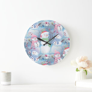 Süße lustige Winter Schneemann Wasserfarben Kunst Große Wanduhr