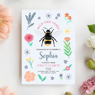 Süße Mädchen-Biene-Wildblumen-Geburtstag drei Einladung