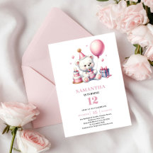 Süße Mädchen-Geburtstagseinladung Teddybär Rosa Th
