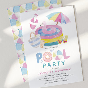 Süße Mädchen-Poolparty-Geburtstag Einladung