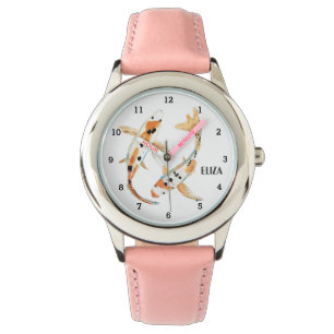 Süße Mädchen Rosa Koi-Fisch Tier Kinder Blumen Armbanduhr