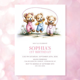 Süße Mädchen-Teddybären 1. Geburtstagsfeier Einladung