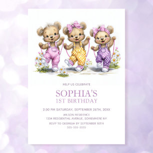 Süße Mädchen-Teddybären Springseil 1. Geburtstagsf Einladung