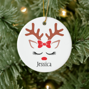 Süße Mädchen-Weihnachts-Rentiere mit roter Nase un Keramik Ornament