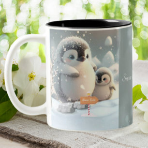Süße Mama & Baby Pinguin Schnee Personalisiert Zweifarbige Tasse