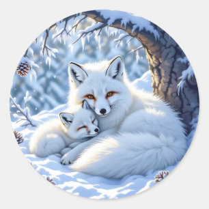 Süße Mama und Baby-Weißfüchse im Schnee Runder Aufkleber
