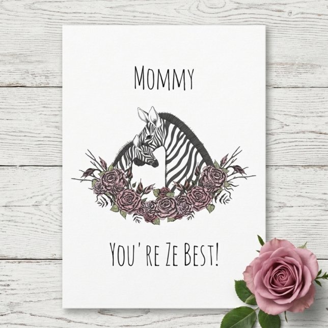 Süße Mama und Baby Zebra Frohen Muttertag Karte (Cute Baby and Mommy Zebra Happy Mother's Day Card. Illustration, Pink Roses, Photo, Zebra Print)