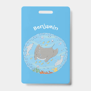 Süße Mantarochen- und Blasen-Cartoon-Illustration Ausweis