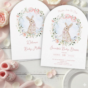 Süße Märchenbuch-Hasen-Wildblumen-Kranz-Baby-Party Einladung