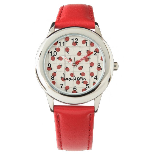Süße Marienkäfer & individueller Name auf cremewei Armbanduhr (Vorderseite)