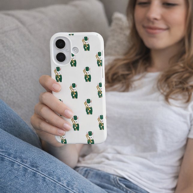 Süße marschierende Hase-Posaunenspieler-Cartoon Gr Case-Mate iPhone Hülle (A phone case with a pattern of white rabbits holding a trombone.)