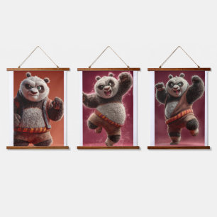 Süße Martial-Arts-Panda-Wandkunst Set von 3 Kinder Wandteppich Mit Holzrahmen