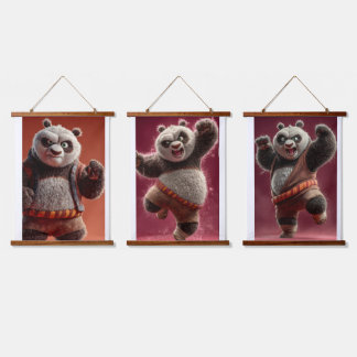 Süße Martial-Arts-Panda-Wandkunst Set von 3 Kinder Wandteppich Mit Holzrahmen