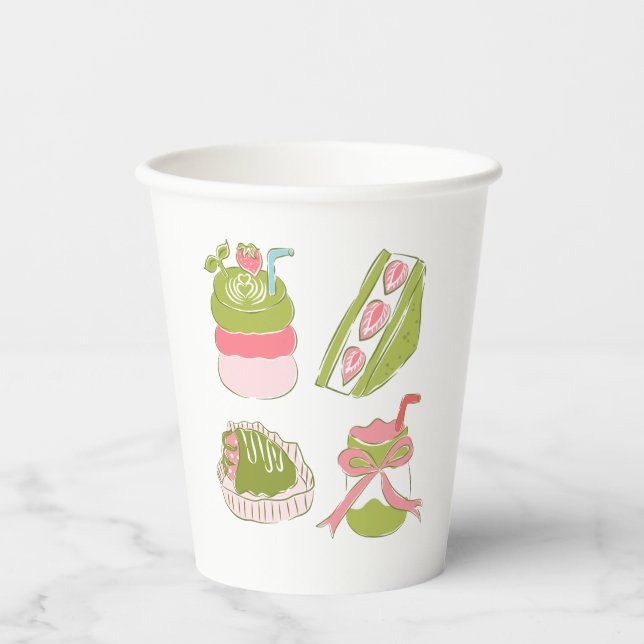 Süße Matcha-Erdbeer-Desserts und -Getränke Pappbecher (Vorderseite)