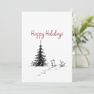 Süße Maus & Baum Linien Kunst Festliche Weihnachte Feiertagskarte