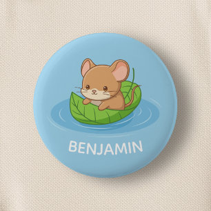 Süße Maus in einem Blattboot Blau Benutzerdefinier Button