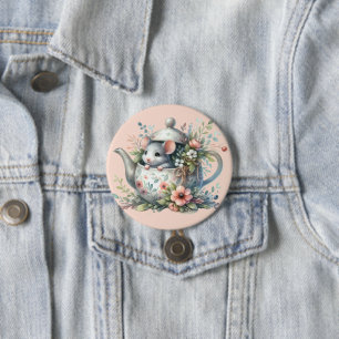 Süße Maus in floraler Teekanne Illustration Button