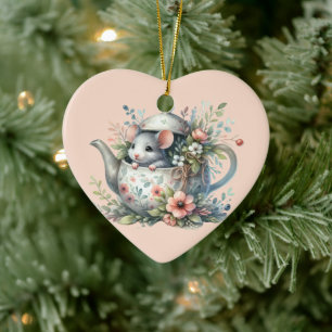 Süße Maus in floraler Teekanne Illustration Keramik Ornament