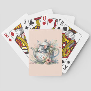 Süße Maus in floraler Teekanne Illustration Spielkarten